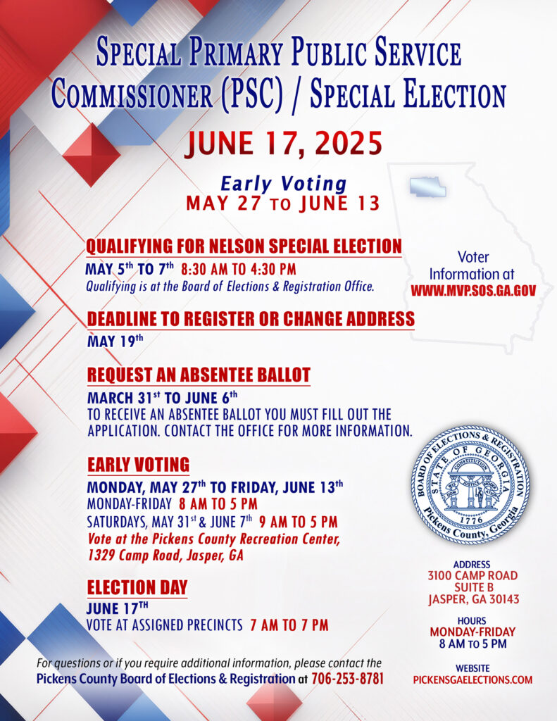 Flyer for June 17, 2025 Special Election in Pickens County Georgia